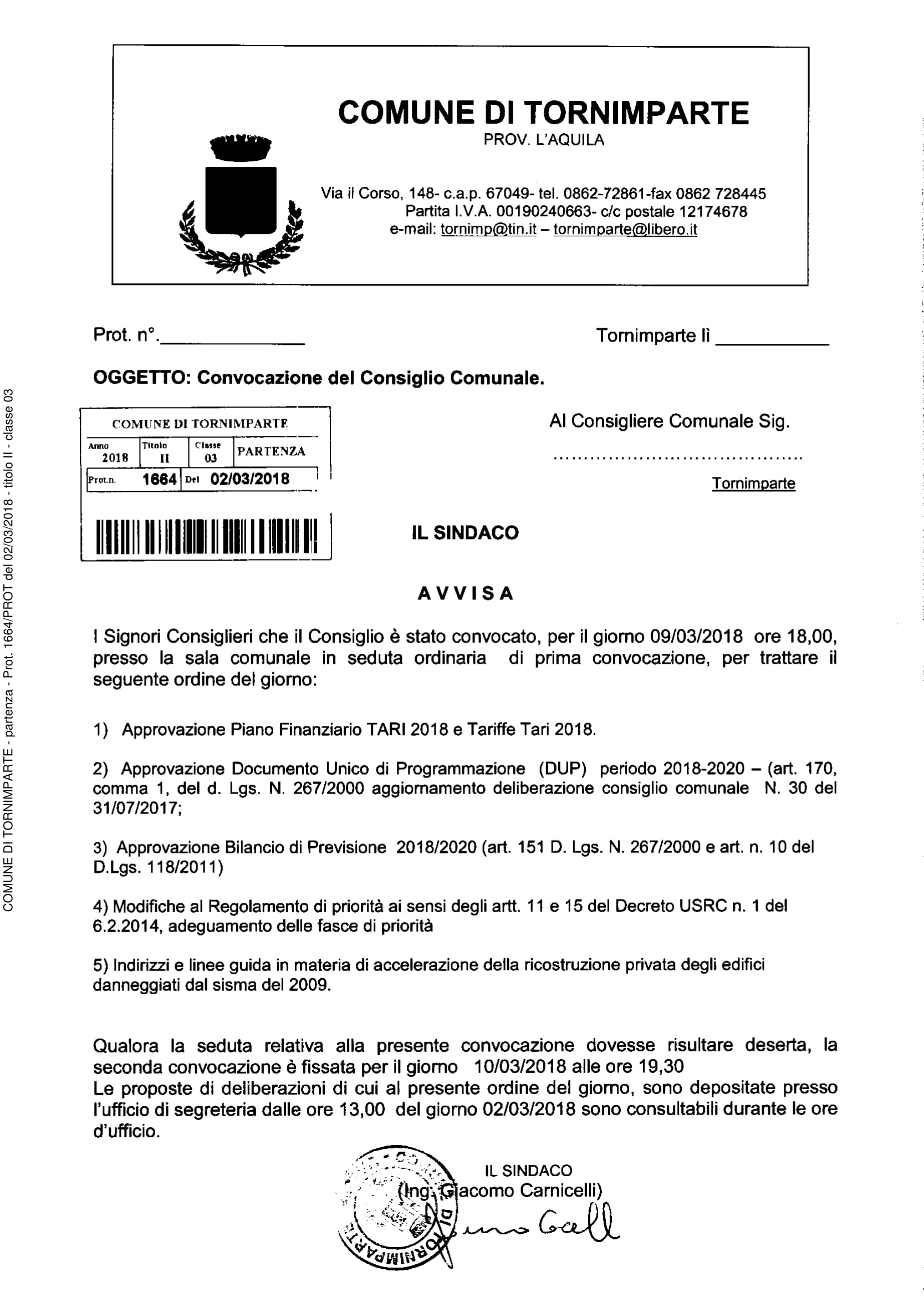 Convocazione Consiglio Comunale