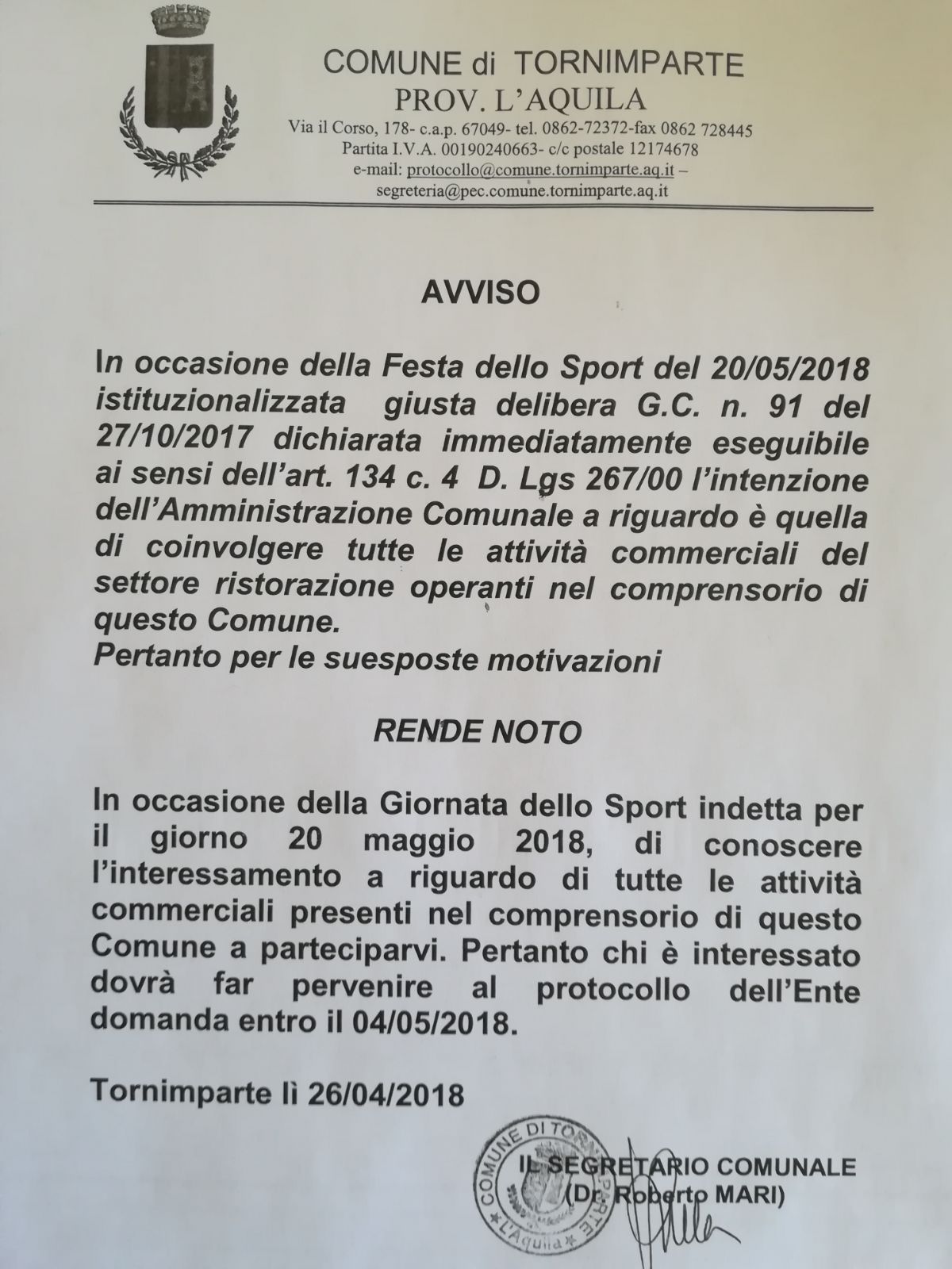 Avviso per le Attivit di Ristorazione-Giornata dello Sport