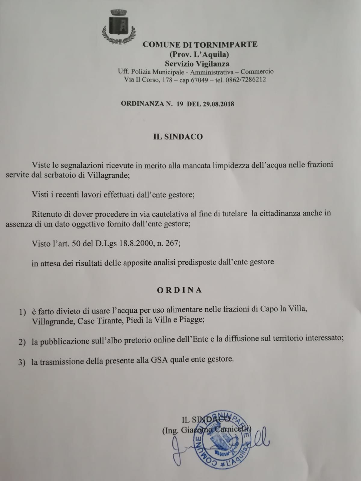 Orinanza del sindaco N 19 del 29/08/2018- Divieto uso acqua per scopi alimentari