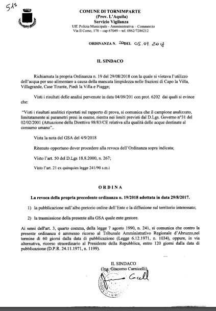 Revoca Ordinanza Acqua Potabile - zona Villagrande