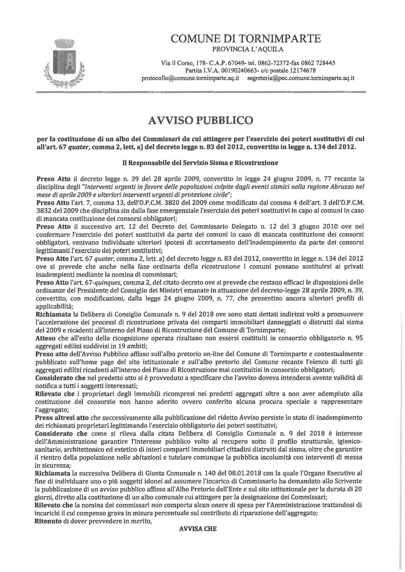 Avviso Pubblico Commissariamento - Ricostruzione