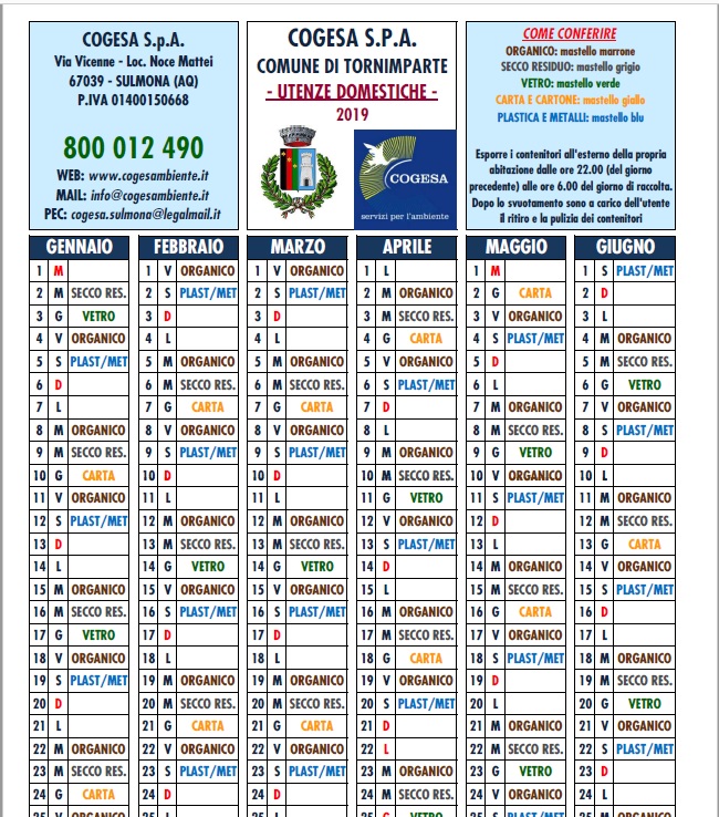 Calendario Raccolta Porta a Porta 2019