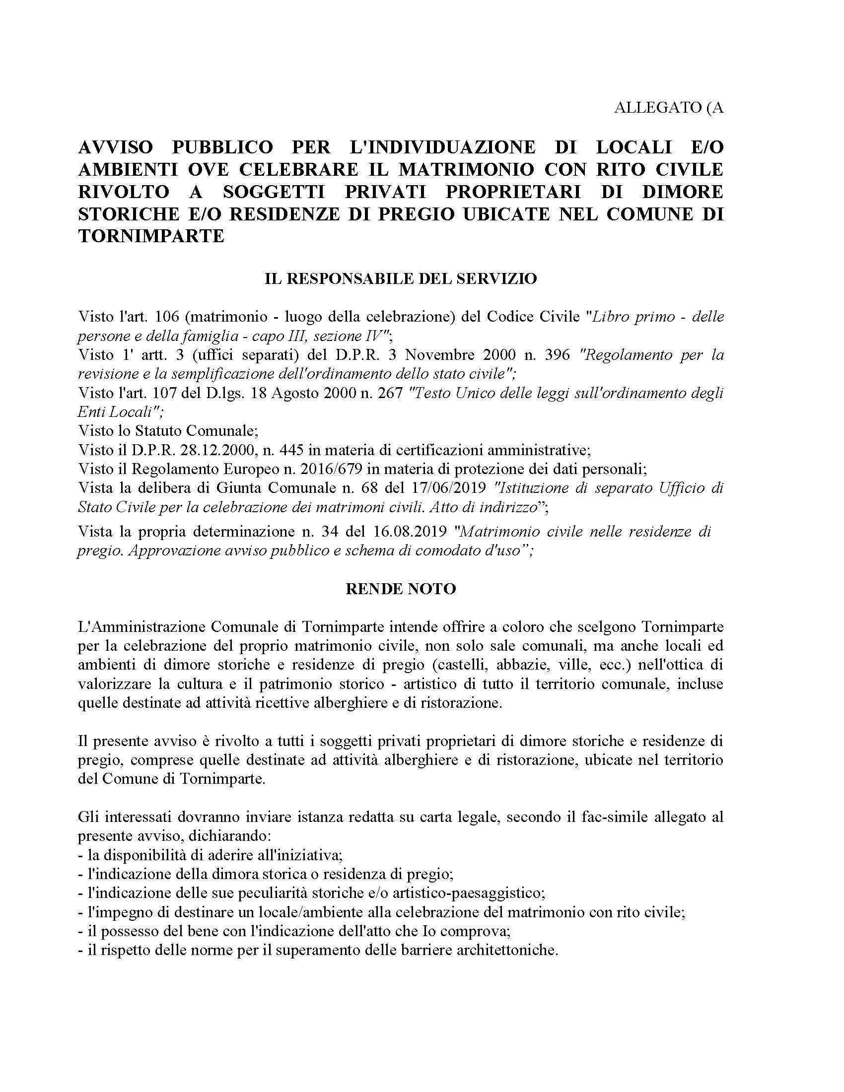 AVVISO PUBBLICO PER L'INDIVIDUAZIONE DI LOCALI E/O AMBIENTI OVE CELEBRARE IL MATRIMONIO CON RITO CIVILE