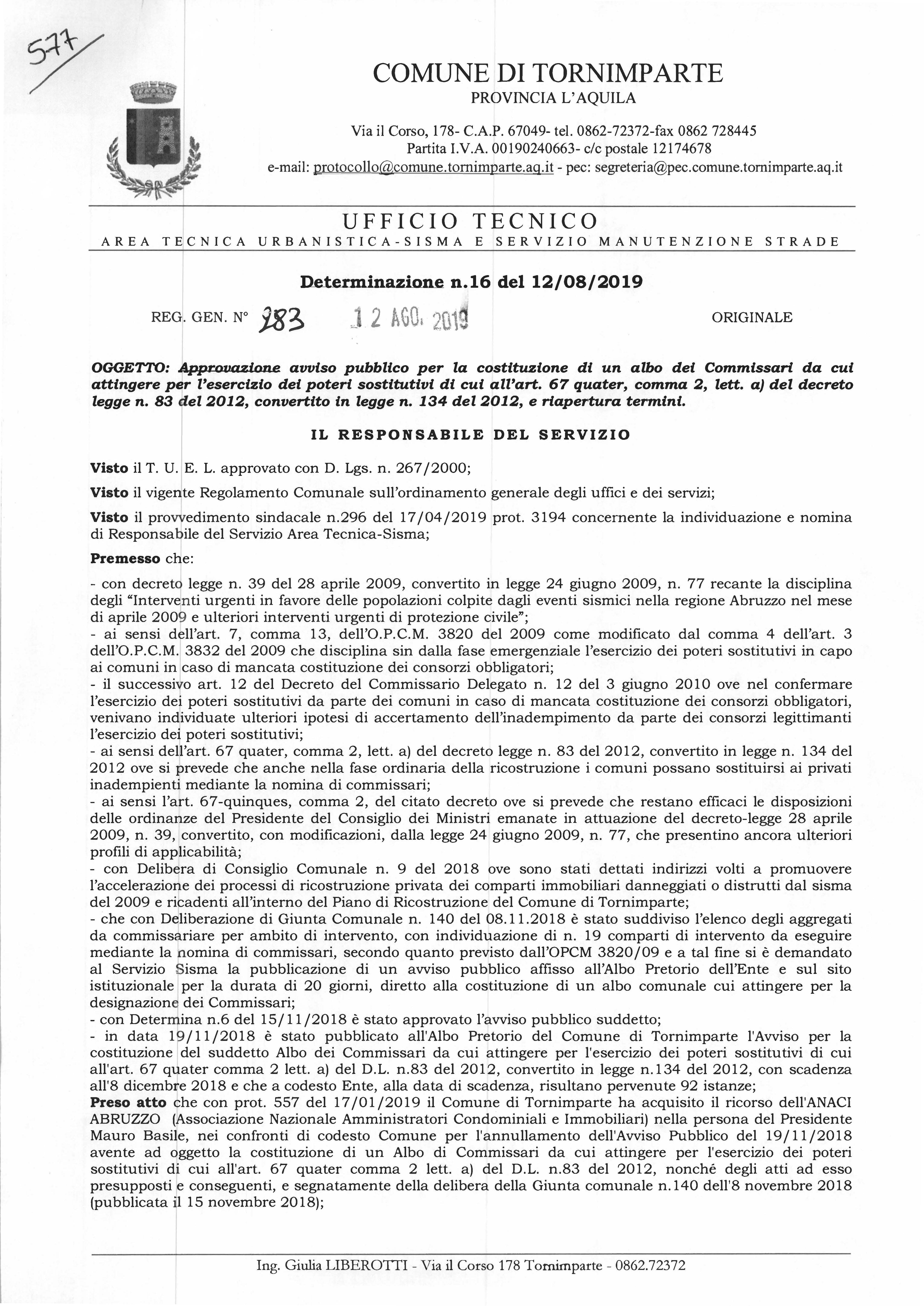 Avviso pubblico per la costituzione di un albo dei Commissari 