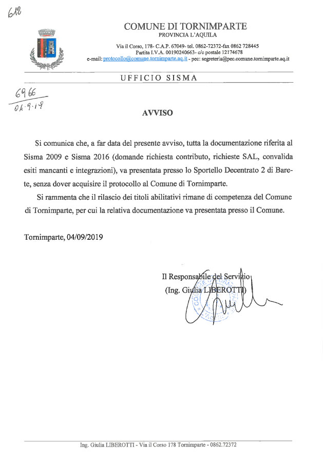 Avviso Ufficio Sisma - Consegna pratiche UTR