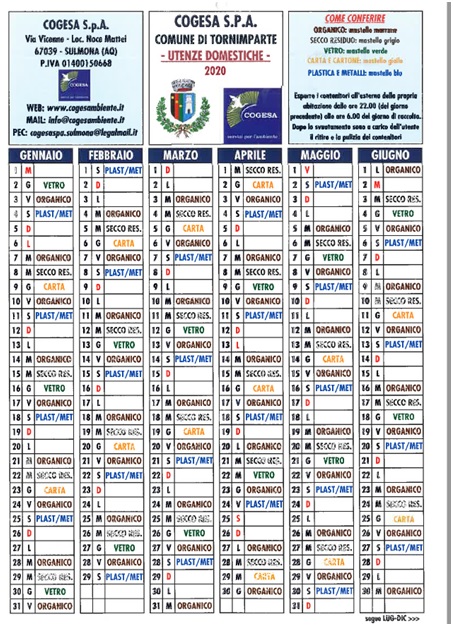 Calendario Utenze Domestiche 2020