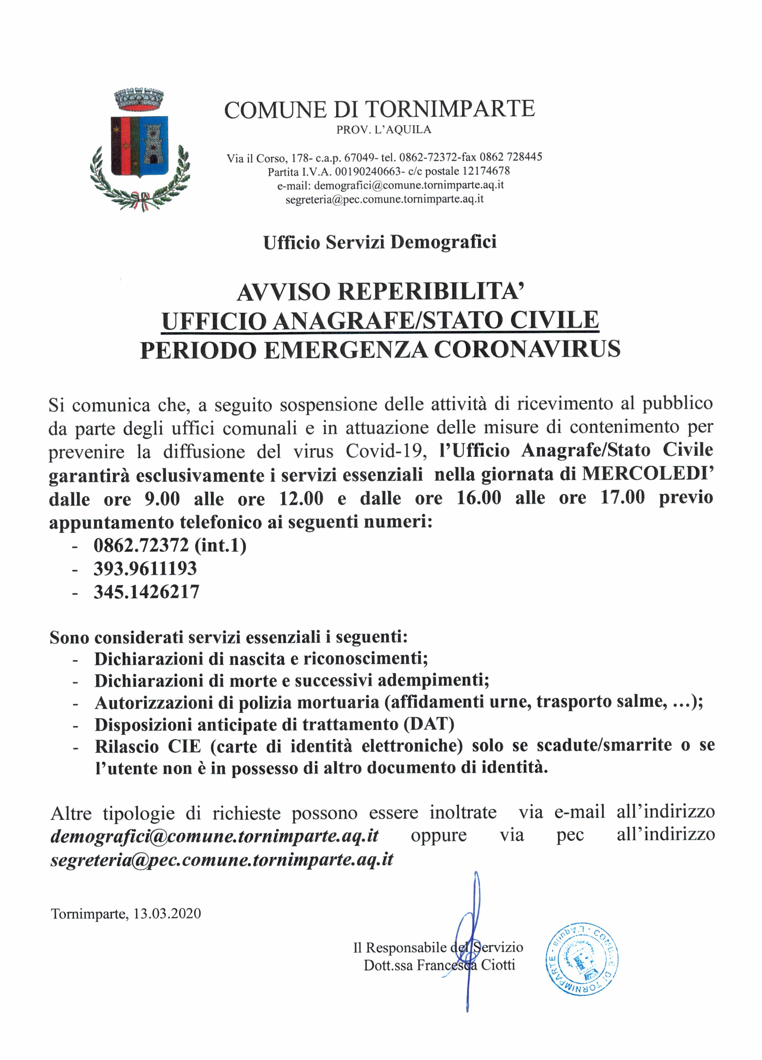 UFFICIO ANAGRAFE-STATO CIVILE - COVID-19