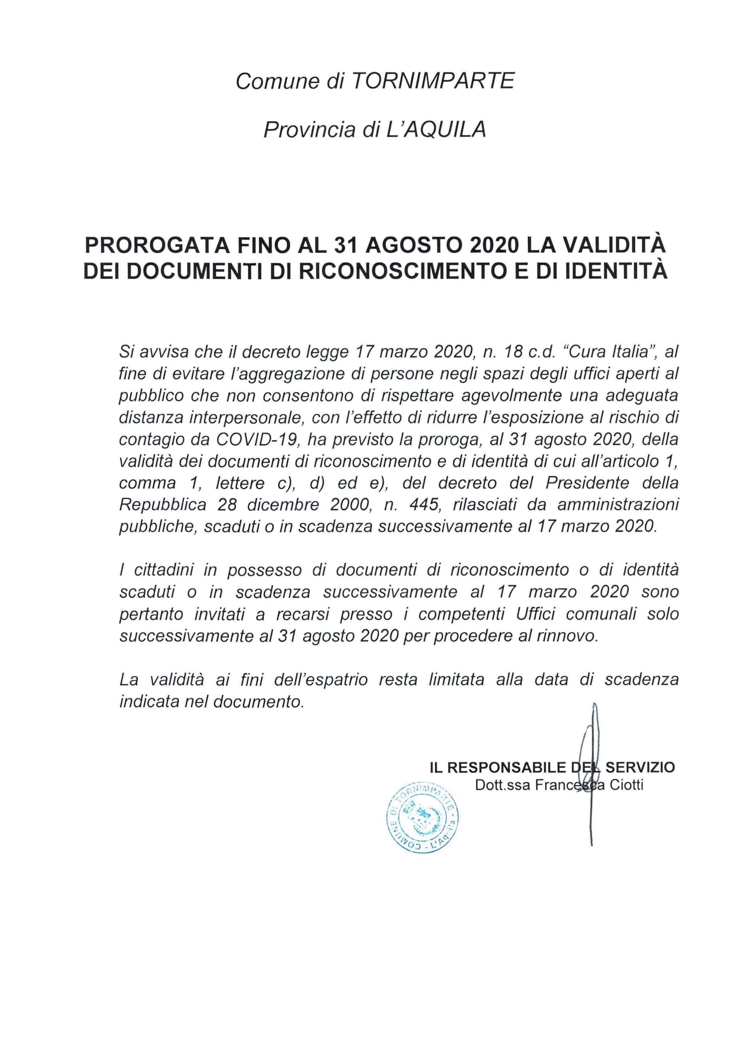 PROROGA VALIDITA' DOCUMENTI