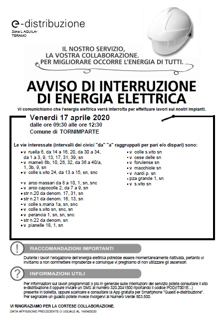 Interruzione Energia Elettrica - 17 APRILE - Pianelle - Colle San Vito