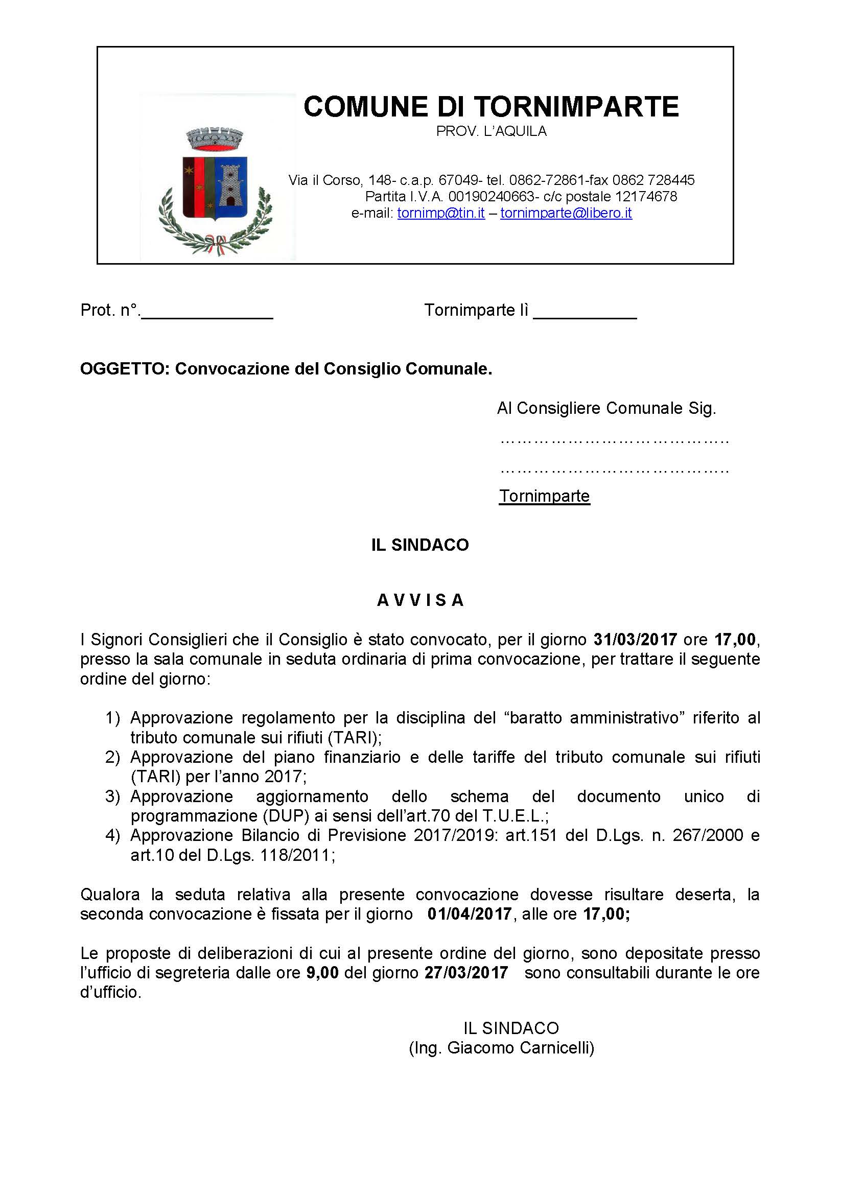 Consiglio Comunale del 31.03.2017