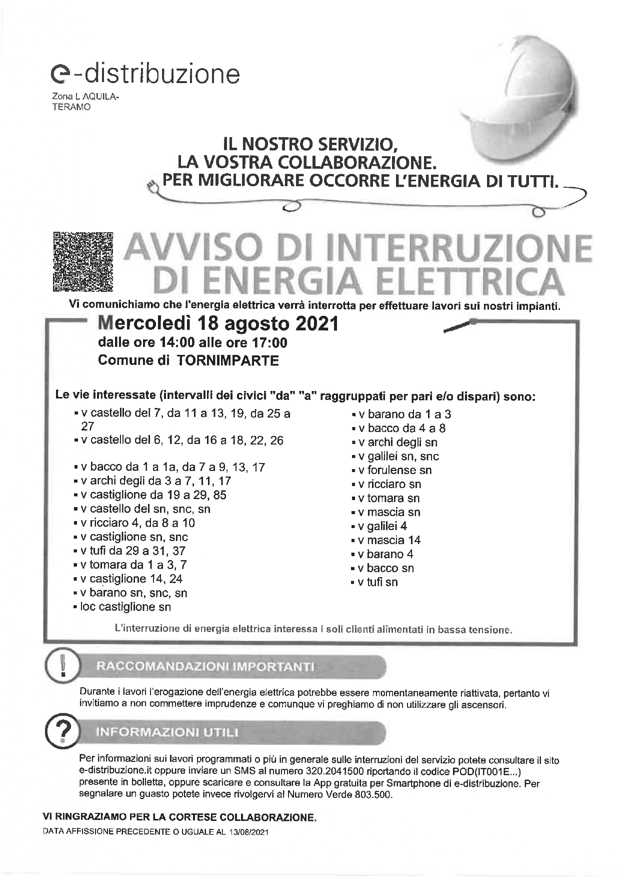 Avviso interruzione energia elettrica mercoled 18 agosto 2020 dalle 14 alle 17-San Nicola