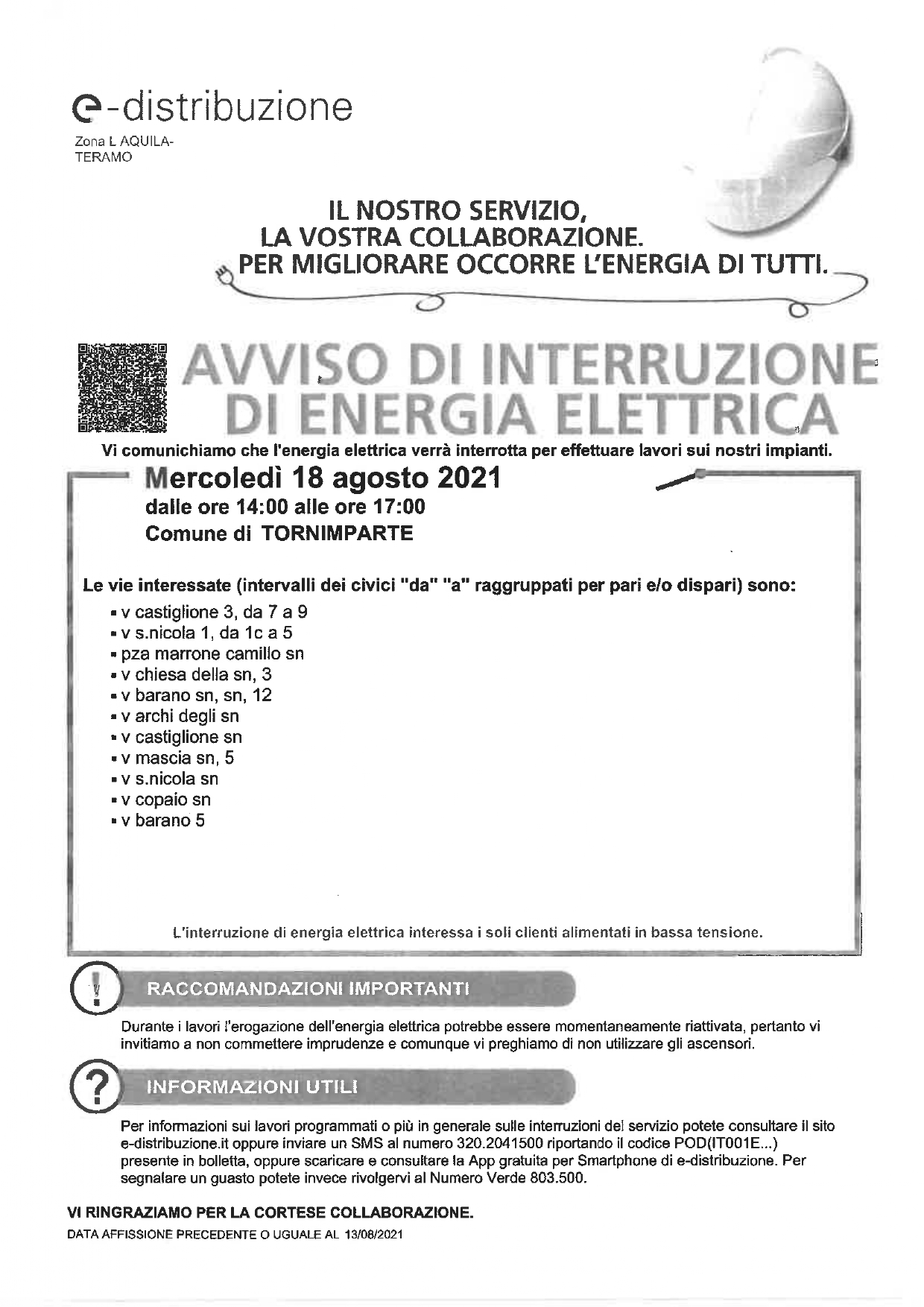 Avviso interruzione energia elettrica-San Nicola 