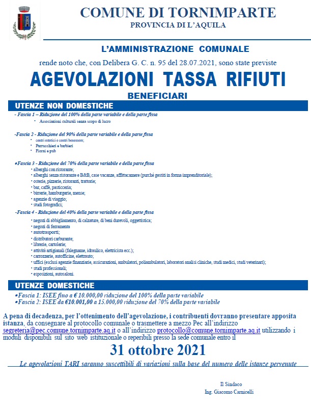 AGEVOLAZIONI TARI 2021 EMERGENZA SANITARIA COVID-19