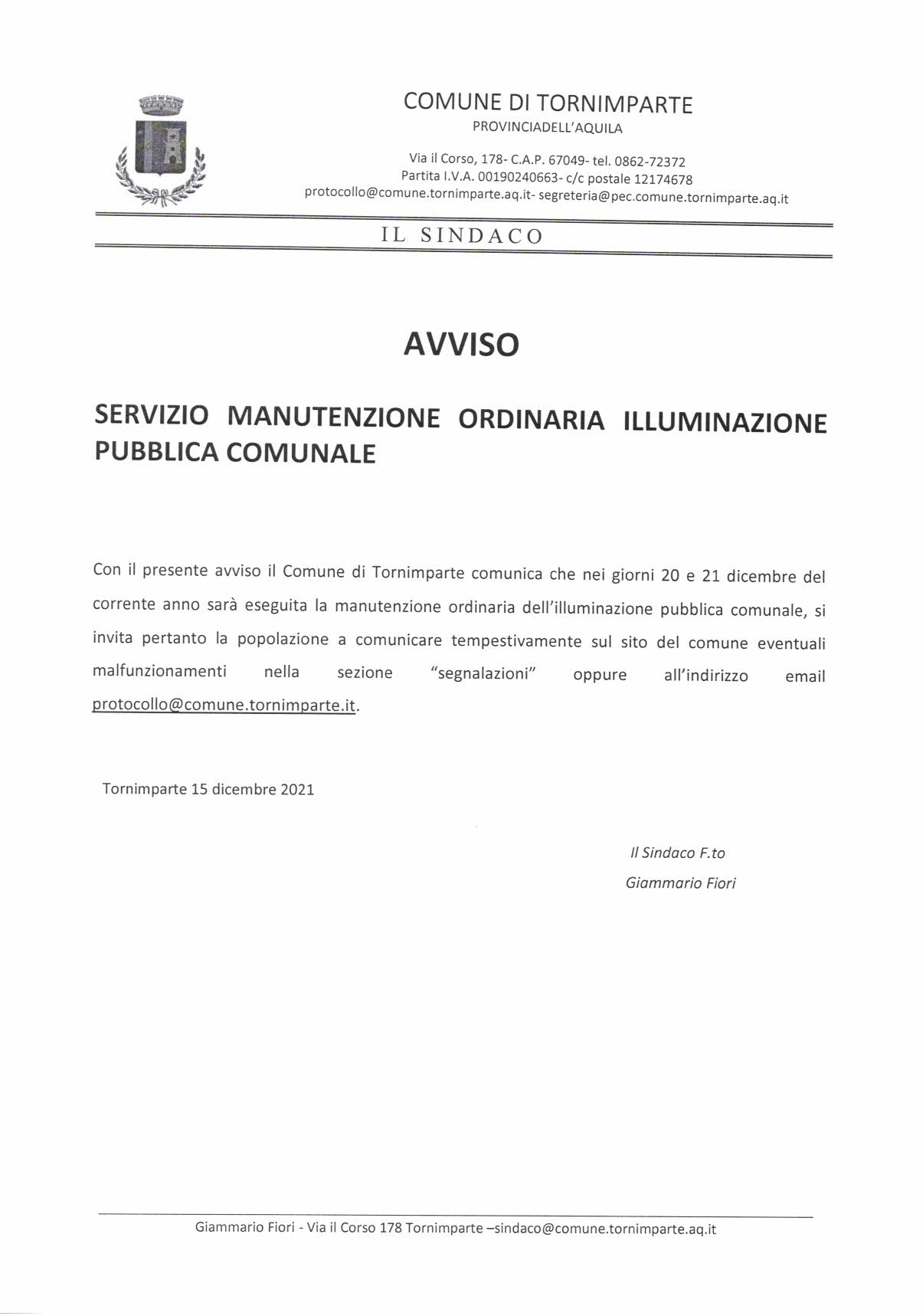 Avviso manutenzione Illuminazione Pubblica