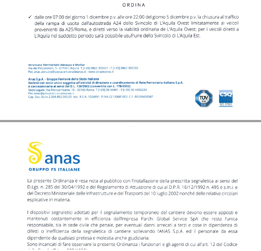 Ordinanza di chiusura al traffico A24 - 30.11.2022