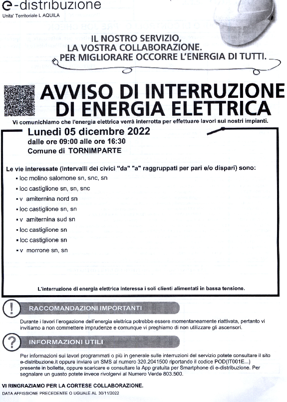 AVVISO DI INTERRUZIONE DI ENERGIA ELETTRICA 