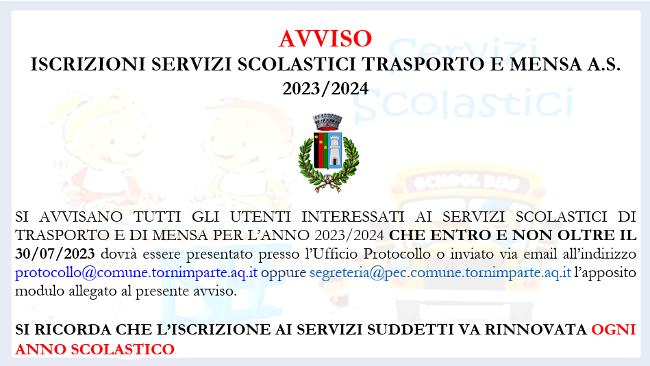 AVVISO ISCRIZIONI SERVIZI SCOLASTICI A.S. 2023/2024