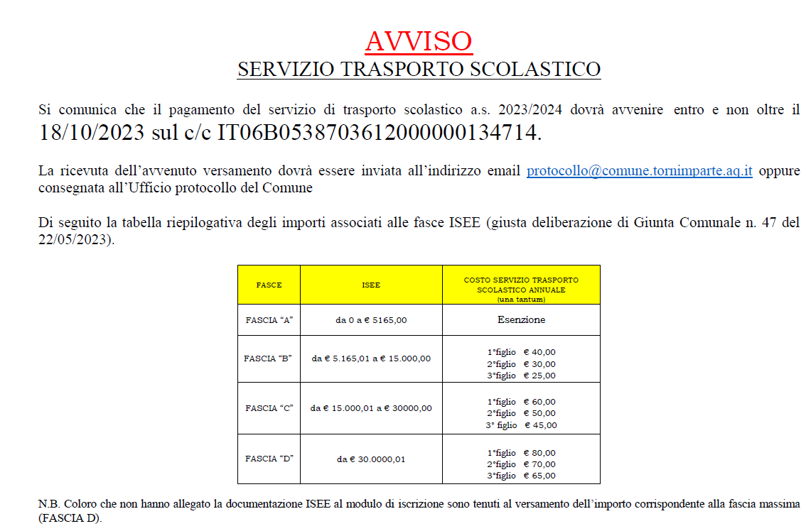 AVVISO SERVIZIO TRASPORTO SCOLASTICO