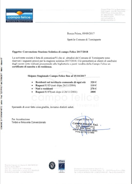 CONVENZIONE STAGIONALE SCI CAMPO FELICE * ERRATA CORRIGE *