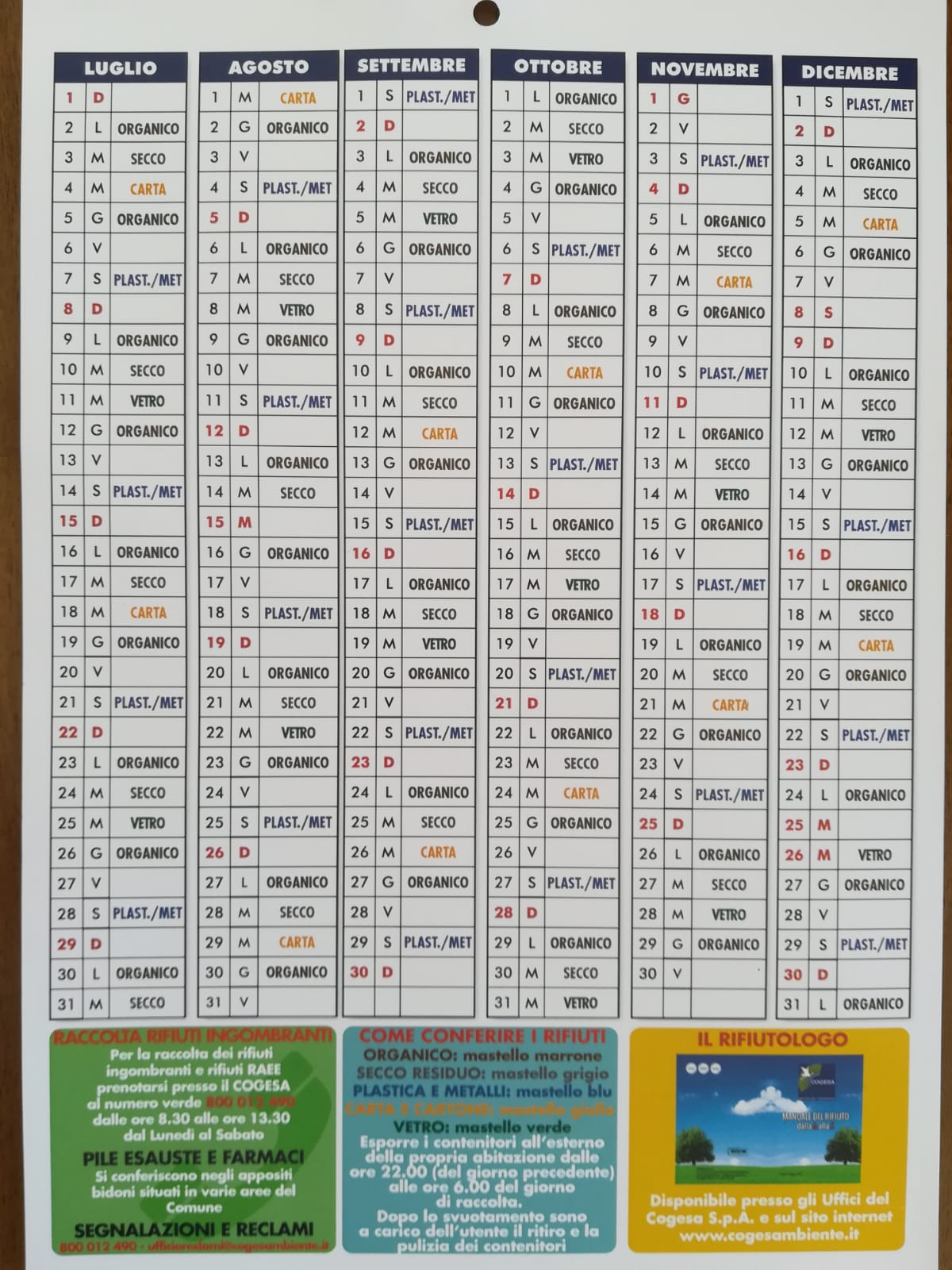 Calendario Raccolta Porta a Porta 2018